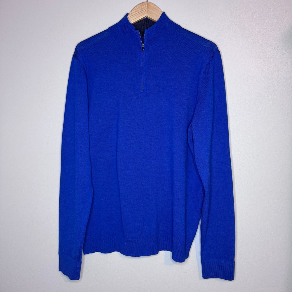 Nordstrom Mens Royal Blue 100% Washable Merino Wool Quarter Zip Sweater Large